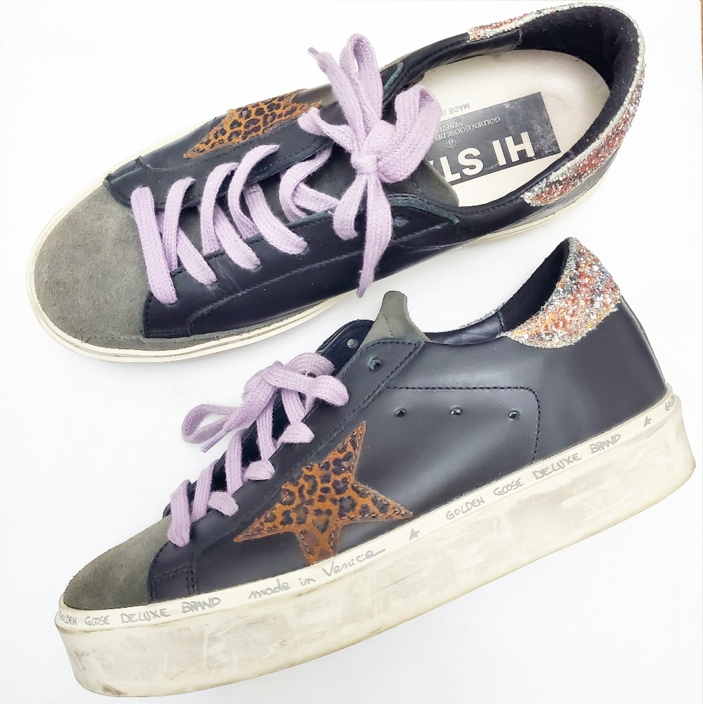 Golden Goose Hi Star Black Leather Gray Suede Animal Print Star Sneaker 36/6